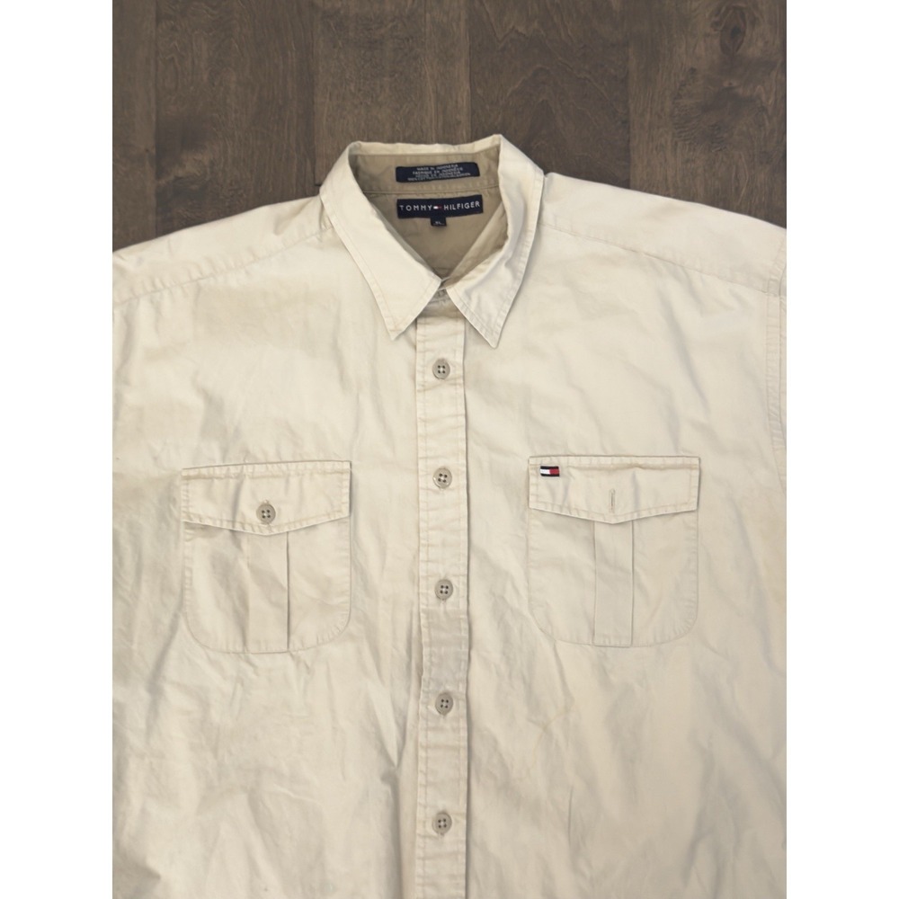 Tommy Hilfiger Mens Button Down Tan Flag Logo Short Sleeve Shirt‎ Pocket Size XL